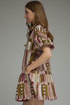 Entro Plum Abstract Print Puff Sleeve Tiered Mini Dress-mini dress-Entro-Deja Nu Boutique, Women's Fashion Boutique in Lampasas, Texas