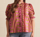 Entro Mixed Print Ruffle Neck Puff Sleeve Top in Plum – Plus-Curvy/Plus Blouses-Entro-Deja Nu Boutique, Women's Fashion Boutique in Lampasas, Texas