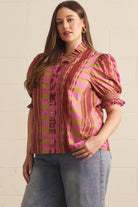 Entro Mixed Print Ruffle Neck Puff Sleeve Top in Plum – Plus-Curvy/Plus Blouses-Entro-Deja Nu Boutique, Women's Fashion Boutique in Lampasas, Texas