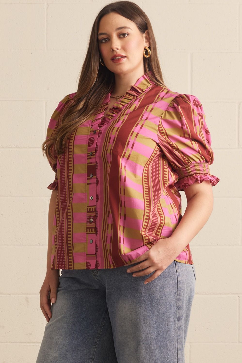 Entro Mixed Print Ruffle Neck Puff Sleeve Top in Plum – Plus-Curvy/Plus Blouses-Entro-Deja Nu Boutique, Women's Fashion Boutique in Lampasas, Texas