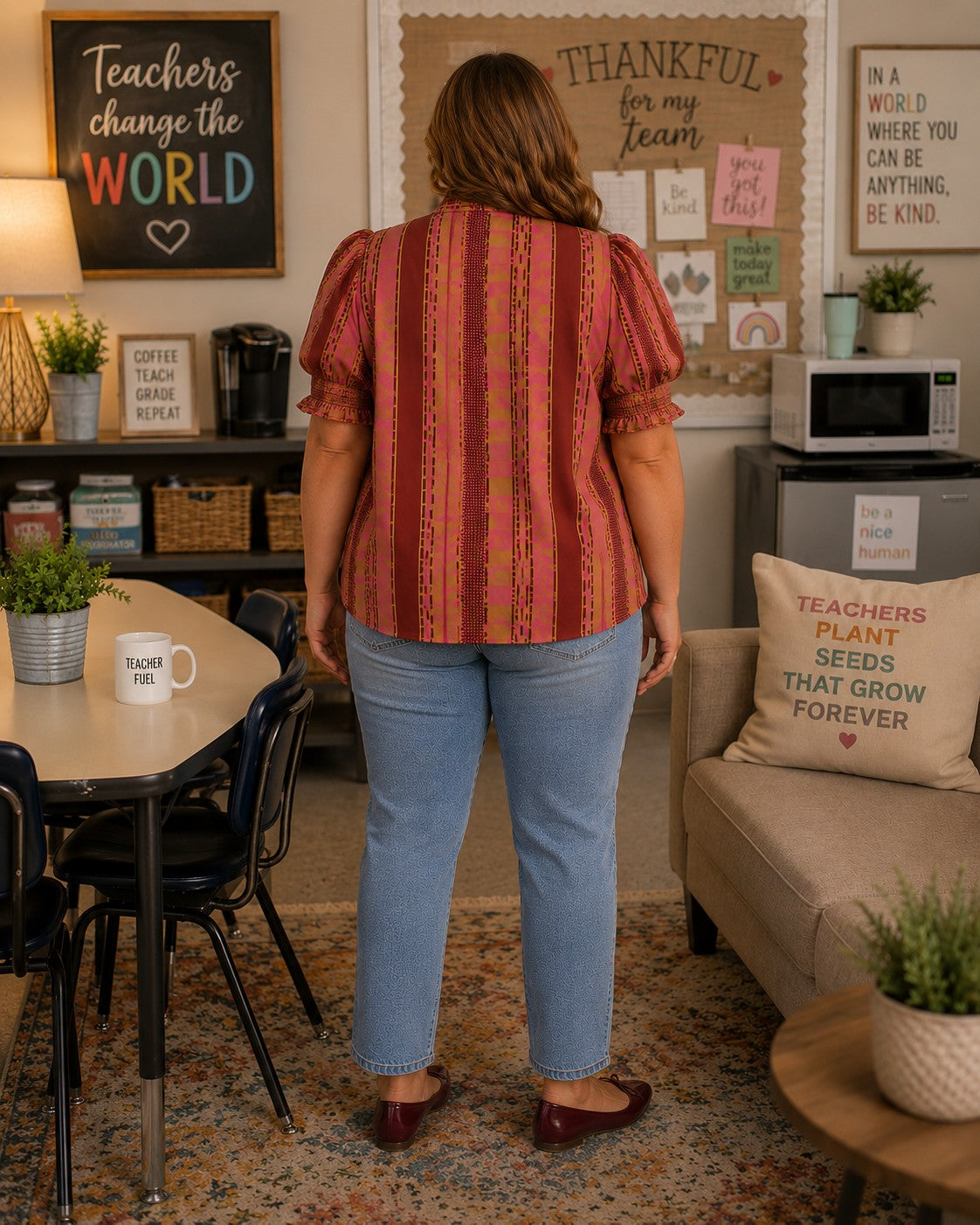 Entro Mixed Print Ruffle Neck Puff Sleeve Top in Plum – Plus-Curvy/Plus Blouses-Entro-Deja Nu Boutique, Women's Fashion Boutique in Lampasas, Texas