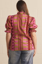 Entro Mixed Print Ruffle Neck Puff Sleeve Top in Plum – Plus-Curvy/Plus Blouses-Entro-Deja Nu Boutique, Women's Fashion Boutique in Lampasas, Texas