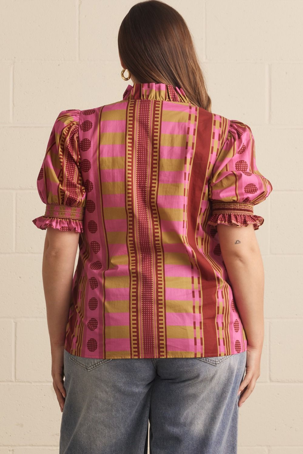 Entro Mixed Print Ruffle Neck Puff Sleeve Top in Plum – Plus-Curvy/Plus Blouses-Entro-Deja Nu Boutique, Women's Fashion Boutique in Lampasas, Texas