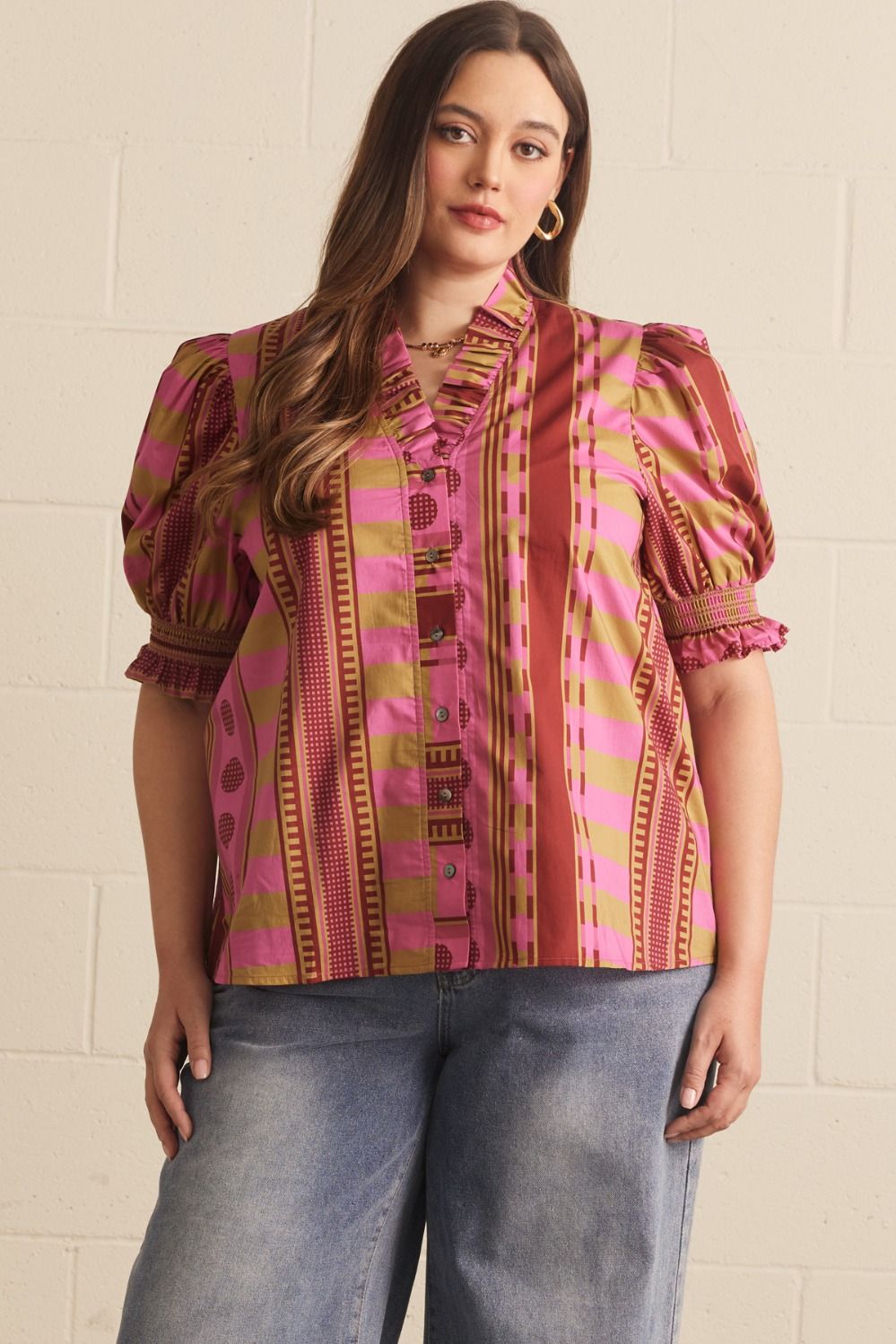 Entro Mixed Print Ruffle Neck Puff Sleeve Top in Plum – Plus-Curvy/Plus Blouses-Entro-Deja Nu Boutique, Women's Fashion Boutique in Lampasas, Texas