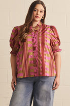 Entro Mixed Print Ruffle Neck Puff Sleeve Top in Plum – Plus-Curvy/Plus Blouses-Entro-Deja Nu Boutique, Women's Fashion Boutique in Lampasas, Texas