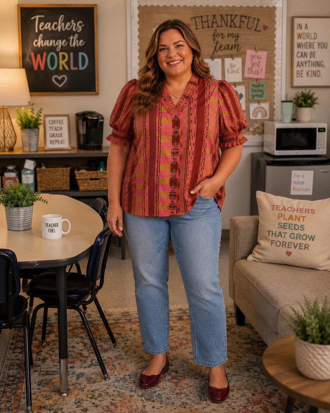 Entro Mixed Print Ruffle Neck Puff Sleeve Top in Plum – Plus-Curvy/Plus Blouses-Entro-Deja Nu Boutique, Women's Fashion Boutique in Lampasas, Texas