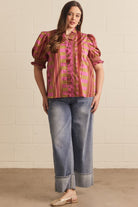Entro Mixed Print Ruffle Neck Puff Sleeve Top in Plum – Plus-Curvy/Plus Blouses-Entro-Deja Nu Boutique, Women's Fashion Boutique in Lampasas, Texas