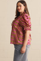 Entro Mixed Print Ruffle Neck Puff Sleeve Top in Plum – Plus-Curvy/Plus Blouses-Entro-Deja Nu Boutique, Women's Fashion Boutique in Lampasas, Texas