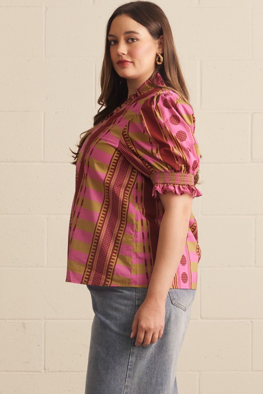 Entro Mixed Print Ruffle Neck Puff Sleeve Top in Plum – Plus-Curvy/Plus Blouses-Entro-Deja Nu Boutique, Women's Fashion Boutique in Lampasas, Texas
