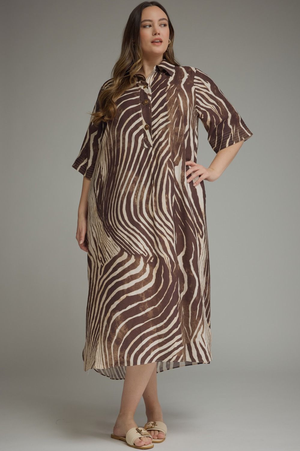 Entro Plus Abstract Zebra Print Midi Dress in Brown-Curvy/Plus Dresses-entro-Deja Nu Boutique, Women's Fashion Boutique in Lampasas, Texas