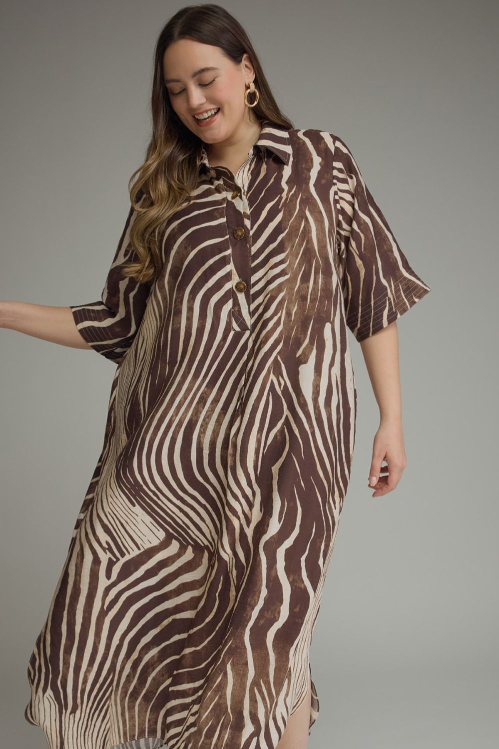 Entro Plus Abstract Zebra Print Midi Dress in Brown-Curvy/Plus Dresses-entro-Deja Nu Boutique, Women's Fashion Boutique in Lampasas, Texas