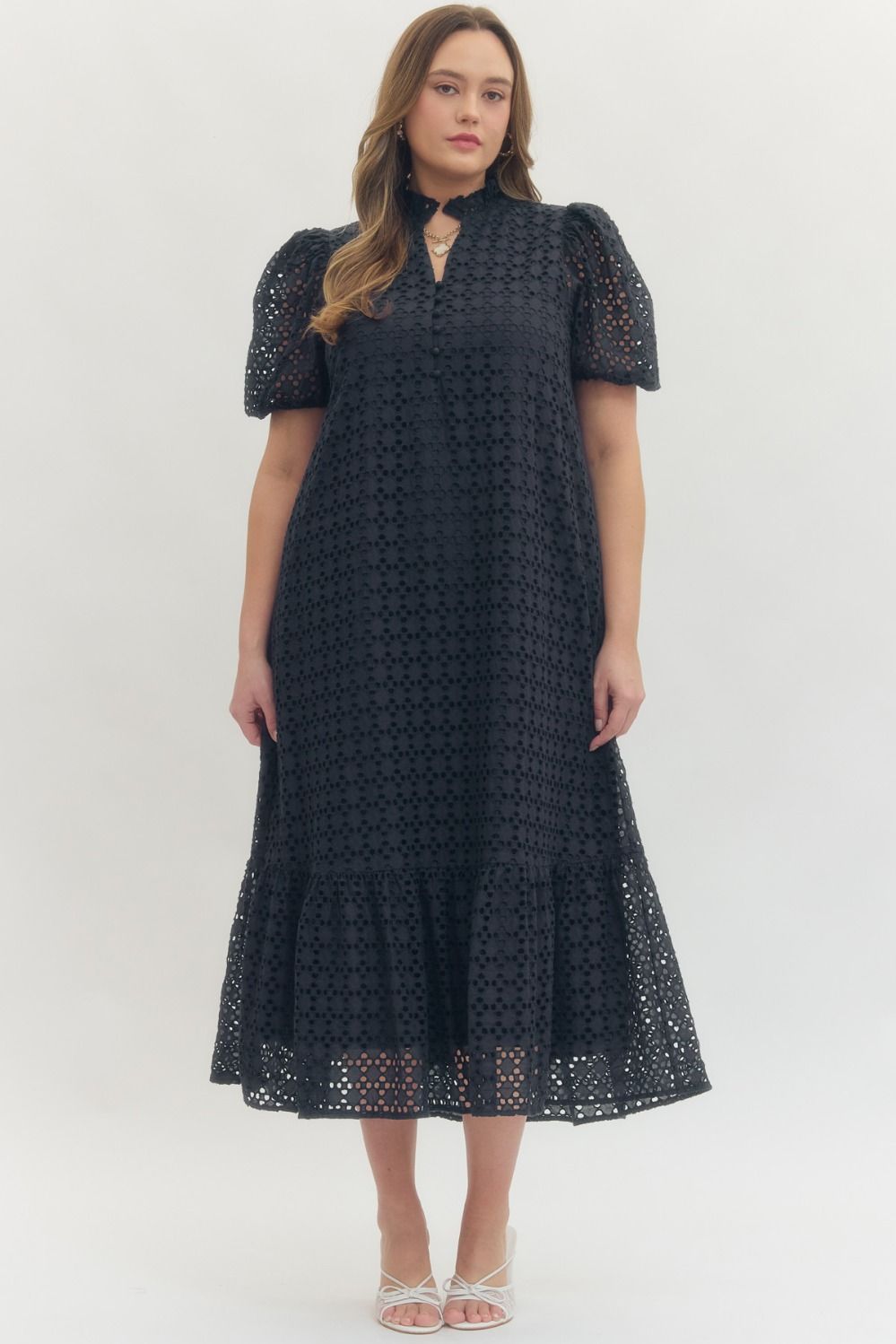 Entro Midnight Elegance Eyelet Midi Dress – Plus Size-Curvy/Plus Dresses-Entro-Deja Nu Boutique, Women's Fashion Boutique in Lampasas, Texas