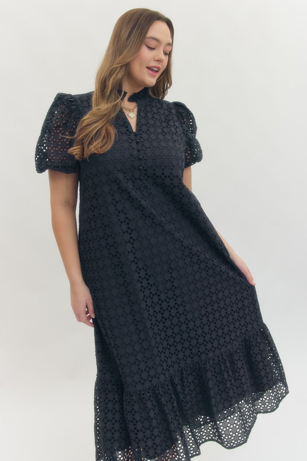 Entro Midnight Elegance Eyelet Midi Dress – Plus Size-Curvy/Plus Dresses-Entro-Deja Nu Boutique, Women's Fashion Boutique in Lampasas, Texas