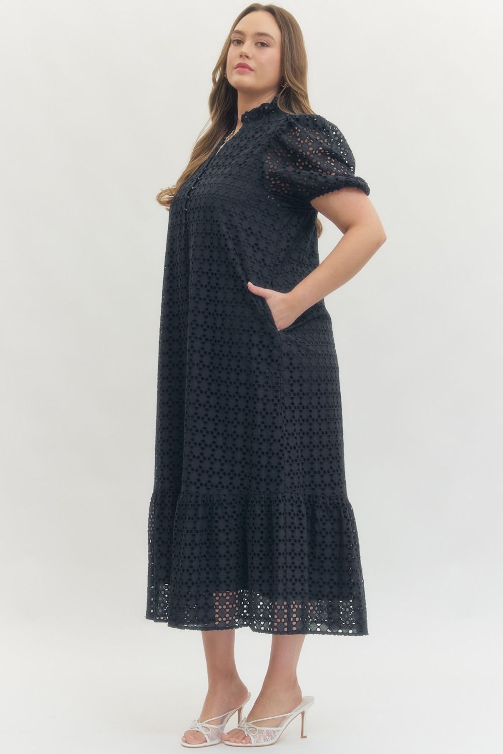 Entro Midnight Elegance Eyelet Midi Dress – Plus Size-Curvy/Plus Dresses-Entro-Deja Nu Boutique, Women's Fashion Boutique in Lampasas, Texas
