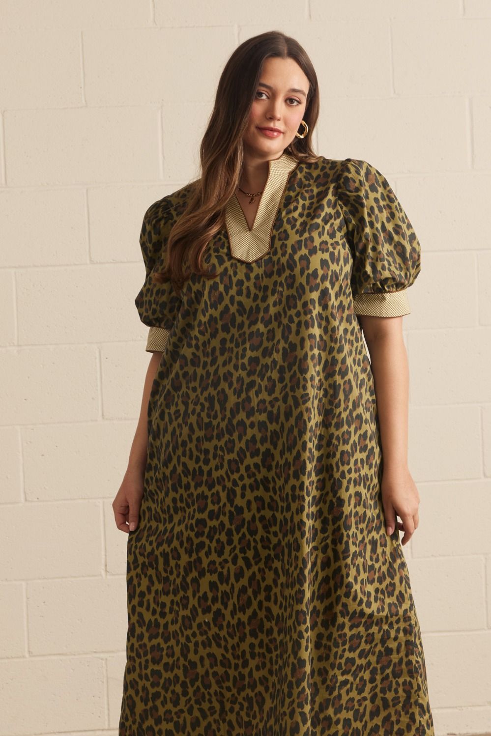 Entro Plus Olive Leopard Print Puff Sleeve Midi Dress-Curvy/Plus Dresses-Entro-Deja Nu Boutique, Women's Fashion Boutique in Lampasas, Texas