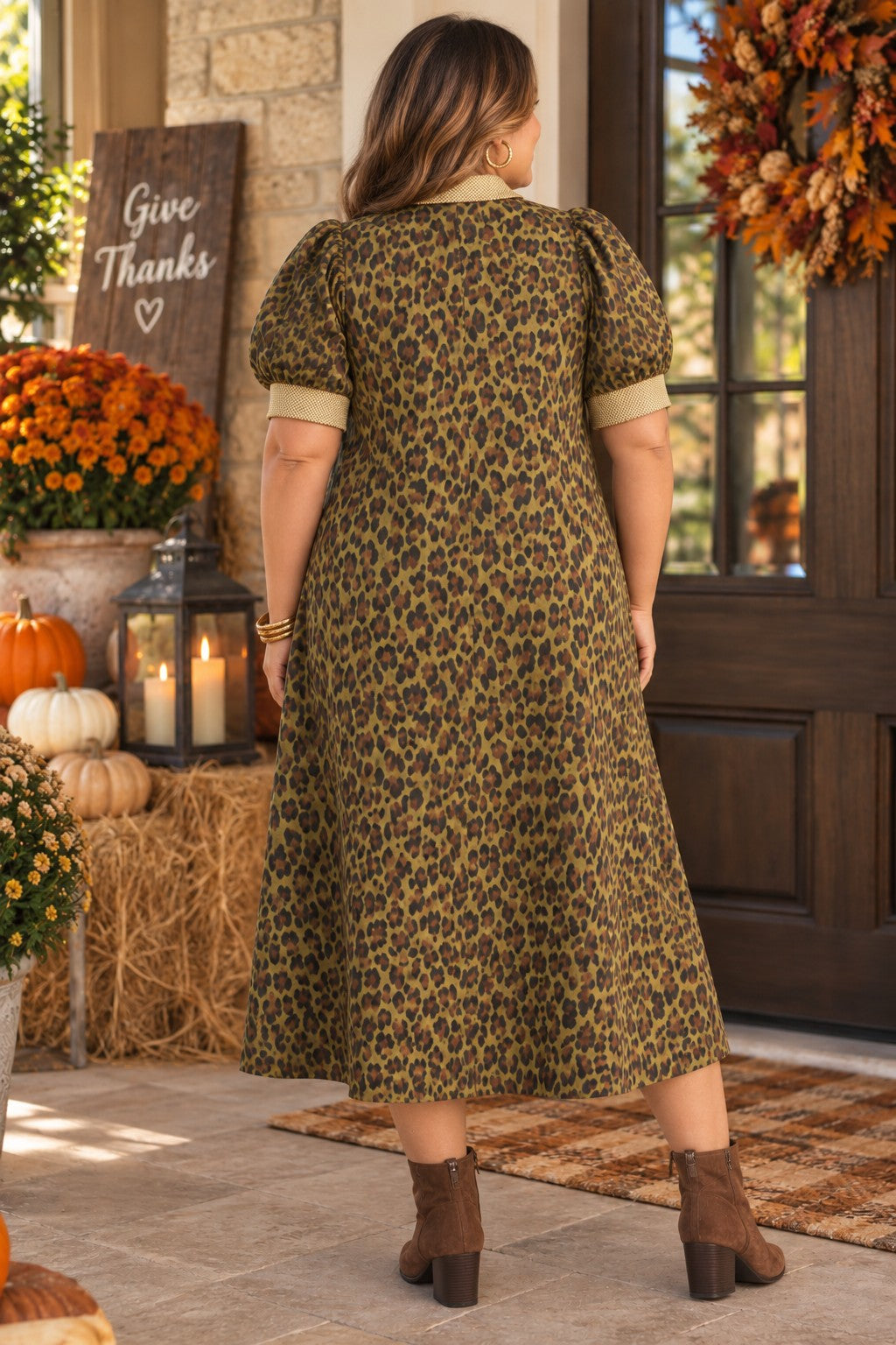 Entro Plus Olive Leopard Print Puff Sleeve Midi Dress-Curvy/Plus Dresses-Entro-Deja Nu Boutique, Women's Fashion Boutique in Lampasas, Texas