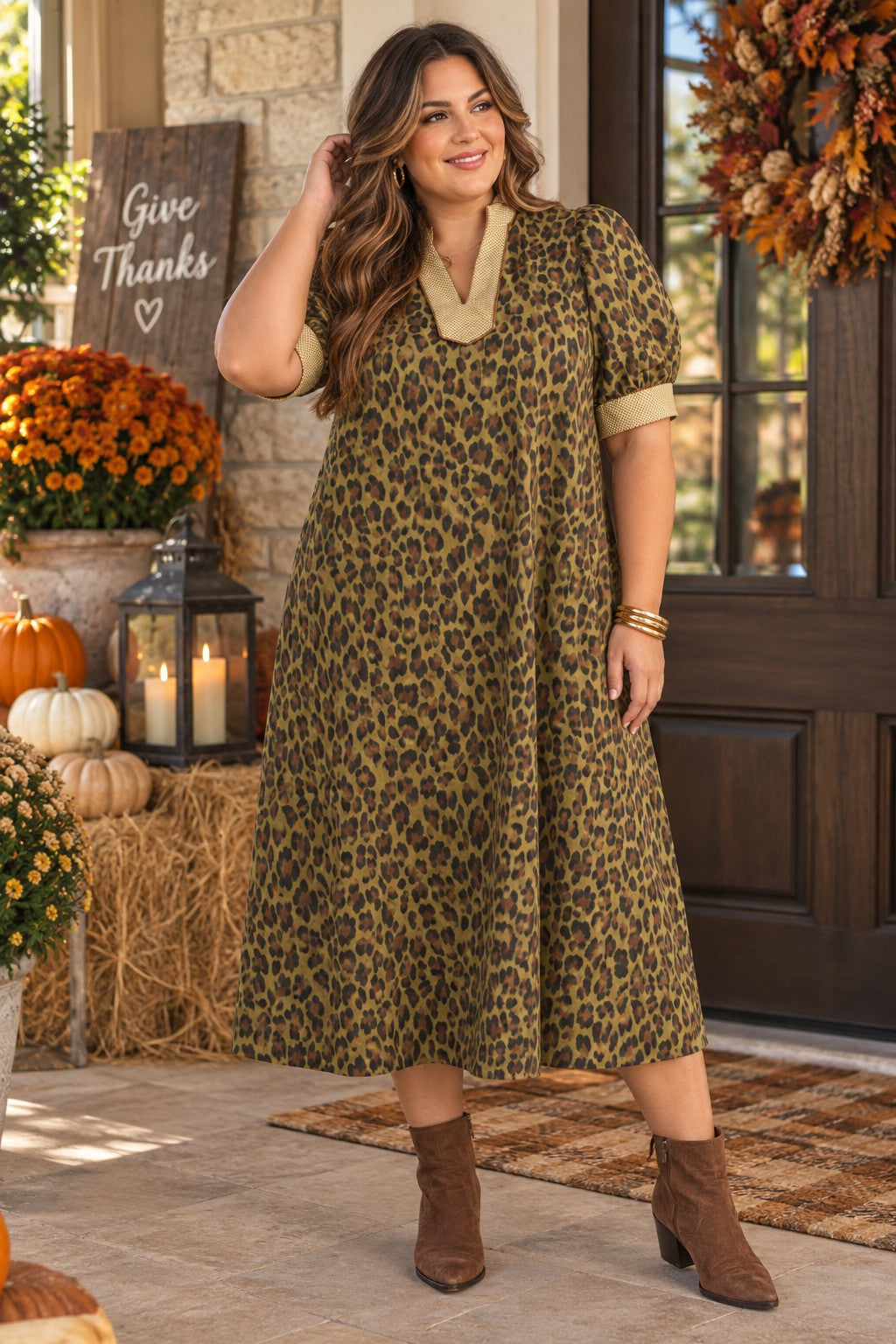 Entro Plus Olive Leopard Print Puff Sleeve Midi Dress-Curvy/Plus Dresses-Entro-Deja Nu Boutique, Women's Fashion Boutique in Lampasas, Texas