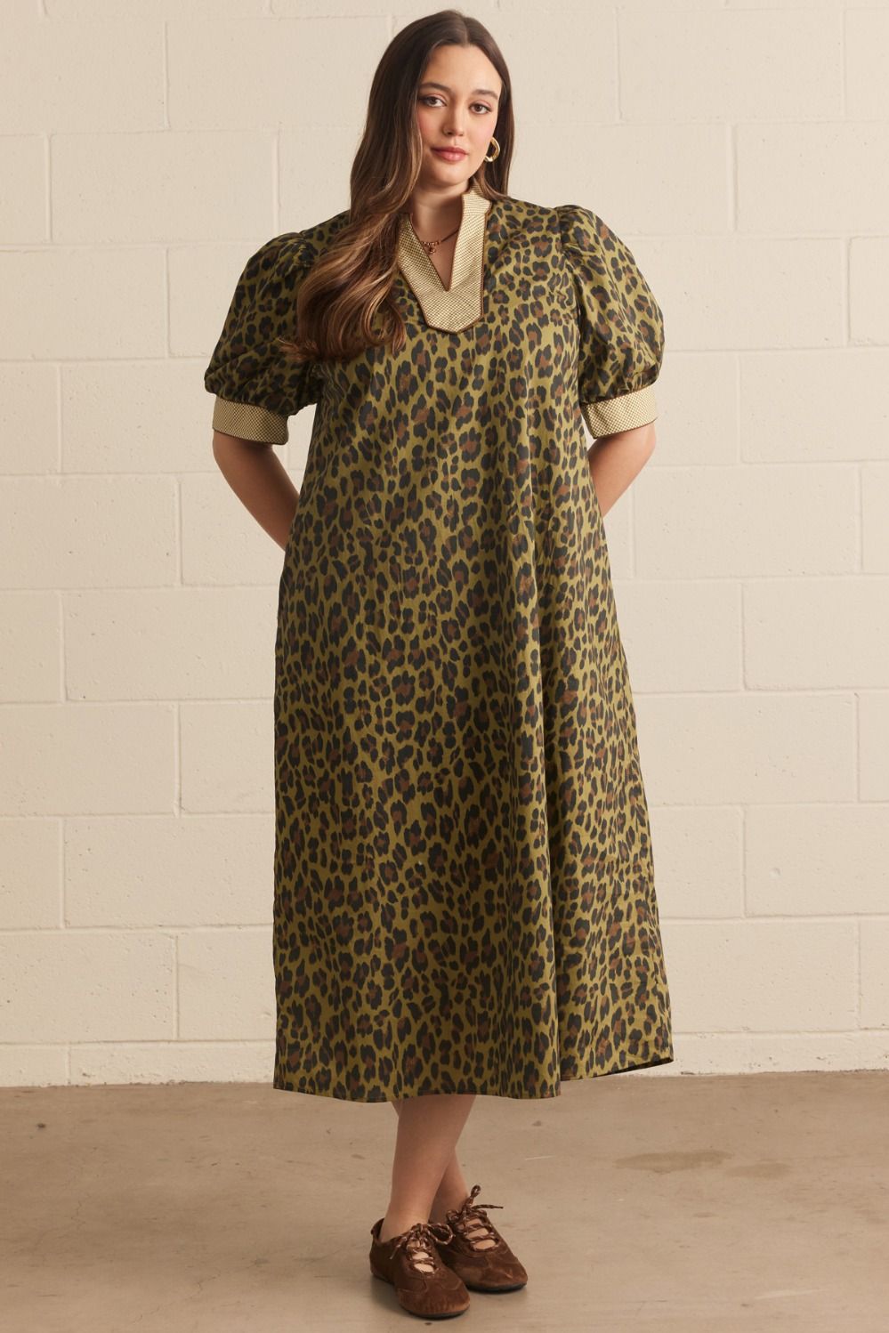 Entro Plus Olive Leopard Print Puff Sleeve Midi Dress-Curvy/Plus Dresses-Entro-Deja Nu Boutique, Women's Fashion Boutique in Lampasas, Texas