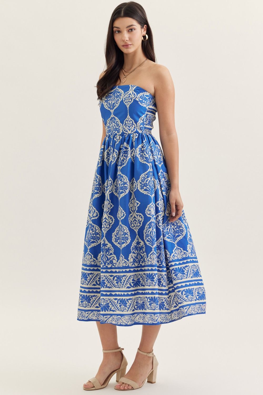 Entro Royal Blue Printed Strapless Midi Dress-Midi Dresses-Entro-Deja Nu Boutique, Women's Fashion Boutique in Lampasas, Texas