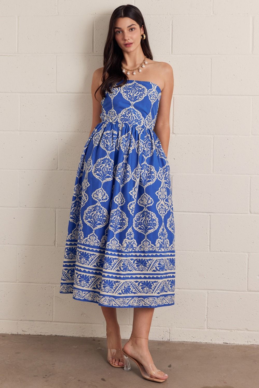 Entro Royal Blue Printed Strapless Midi Dress-Midi Dresses-Entro-Deja Nu Boutique, Women's Fashion Boutique in Lampasas, Texas