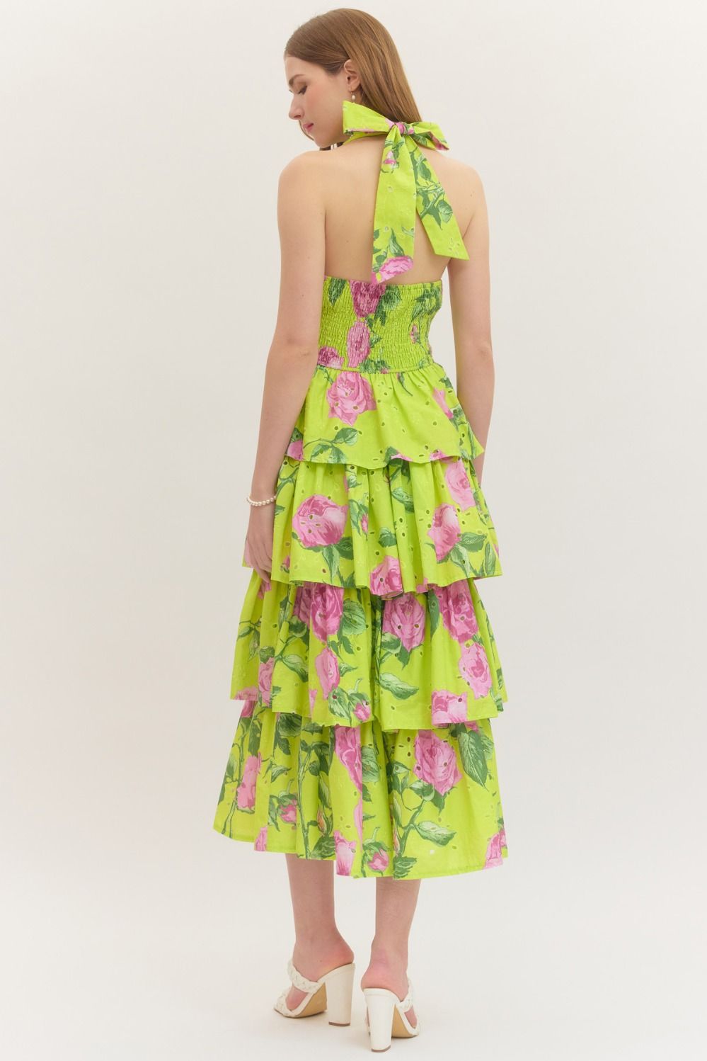 Entro Garden Party Chartreuse Floral Tiered Midi Dress-Midi Dresses-Entro-Deja Nu Boutique, Women's Fashion Boutique in Lampasas, Texas