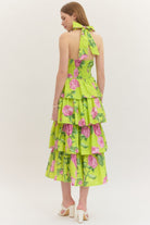 Entro Garden Party Chartreuse Floral Tiered Midi Dress-Midi Dresses-Entro-Deja Nu Boutique, Women's Fashion Boutique in Lampasas, Texas
