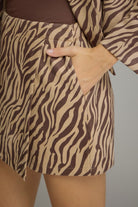 Entro Zebra Print Wrap Front Mini Skort in Brown-skort-entro-Deja Nu Boutique, Women's Fashion Boutique in Lampasas, Texas