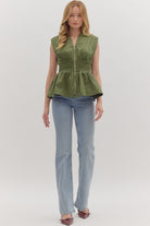 Entro Olive Sleeveless Smocked Waist Peplum Top-Tops-Entro-Deja Nu Boutique, Women's Fashion Boutique in Lampasas, Texas