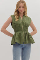 Entro Olive Sleeveless Smocked Waist Peplum Top-Tops-Entro-Deja Nu Boutique, Women's Fashion Boutique in Lampasas, Texas
