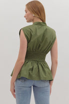 Entro Olive Sleeveless Smocked Waist Peplum Top-Tops-Entro-Deja Nu Boutique, Women's Fashion Boutique in Lampasas, Texas