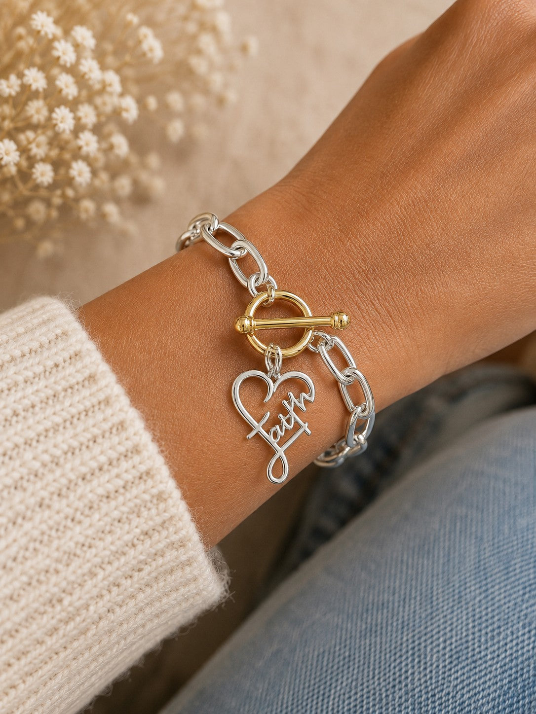 Faith Heart Charm Two-Tone Toggle Bracelet-Bracelets-Deja Nu-Deja Nu Boutique, Women's Fashion Boutique in Lampasas, Texas