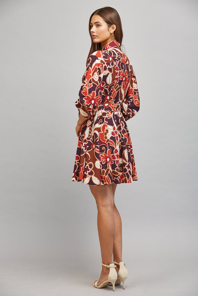 Fate Abstract Floral Print Tie Waist Gathered Short Sleeve Dress – Purple Multi-Short Dresses-Fate-Deja Nu Boutique, Women's Fashion Boutique in Lampasas, Texas