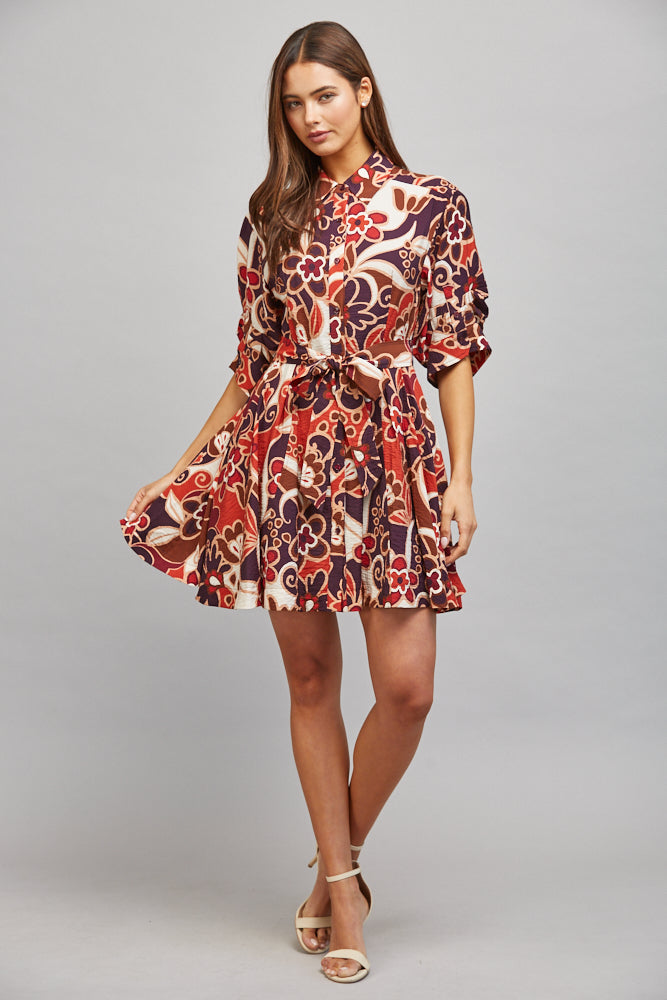 Fate Abstract Floral Print Tie Waist Gathered Short Sleeve Dress – Purple Multi-Short Dresses-Fate-Deja Nu Boutique, Women's Fashion Boutique in Lampasas, Texas