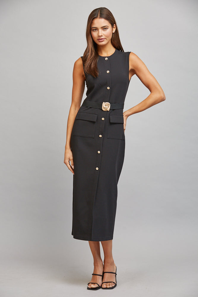 Fate Black Gold Button Belted Midi Dress-Midi Dresses-Fate-Deja Nu Boutique, Women's Fashion Boutique in Lampasas, Texas