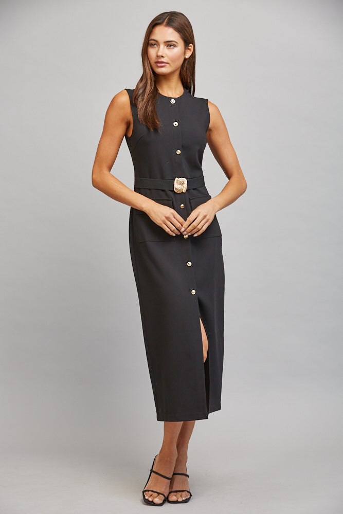Fate Black Gold Button Belted Midi Dress-Midi Dresses-Fate-Deja Nu Boutique, Women's Fashion Boutique in Lampasas, Texas