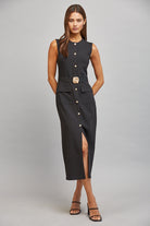 Fate Black Gold Button Belted Midi Dress-Midi Dresses-Fate-Deja Nu Boutique, Women's Fashion Boutique in Lampasas, Texas