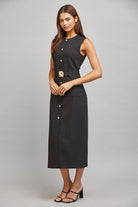 Fate Black Gold Button Belted Midi Dress-Midi Dresses-Fate-Deja Nu Boutique, Women's Fashion Boutique in Lampasas, Texas