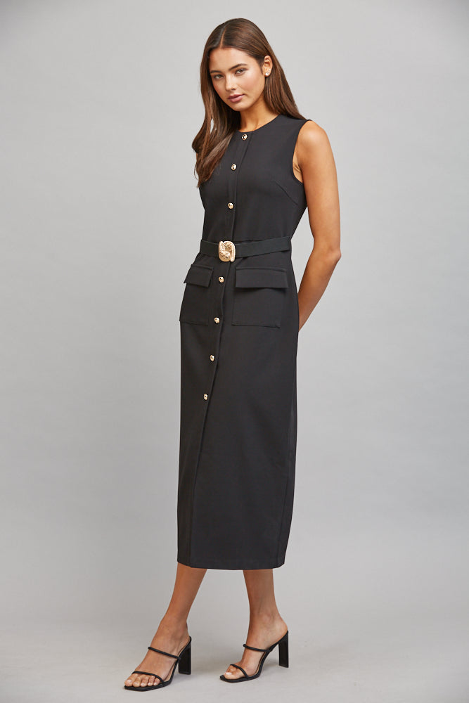 Fate Black Gold Button Belted Midi Dress-Midi Dresses-Fate-Deja Nu Boutique, Women's Fashion Boutique in Lampasas, Texas