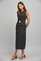 Fate Black Gold Button Belted Midi Dress-Midi Dresses-Fate-Deja Nu Boutique, Women's Fashion Boutique in Lampasas, Texas