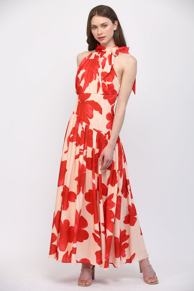 Fate Bold Floral Halter Maxi Dress in Pale Peach & Orange-Maxi Dresses-Fate-Deja Nu Boutique, Women's Fashion Boutique in Lampasas, Texas