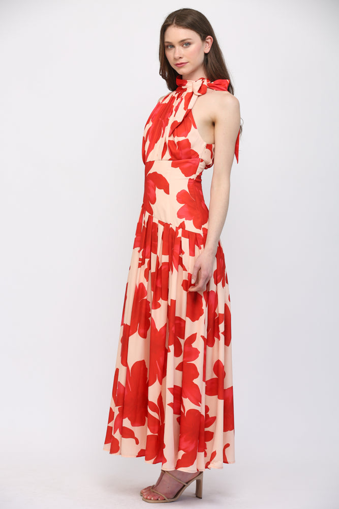 Fate Bold Floral Halter Maxi Dress in Pale Peach & Orange-Maxi Dresses-Fate-Deja Nu Boutique, Women's Fashion Boutique in Lampasas, Texas
