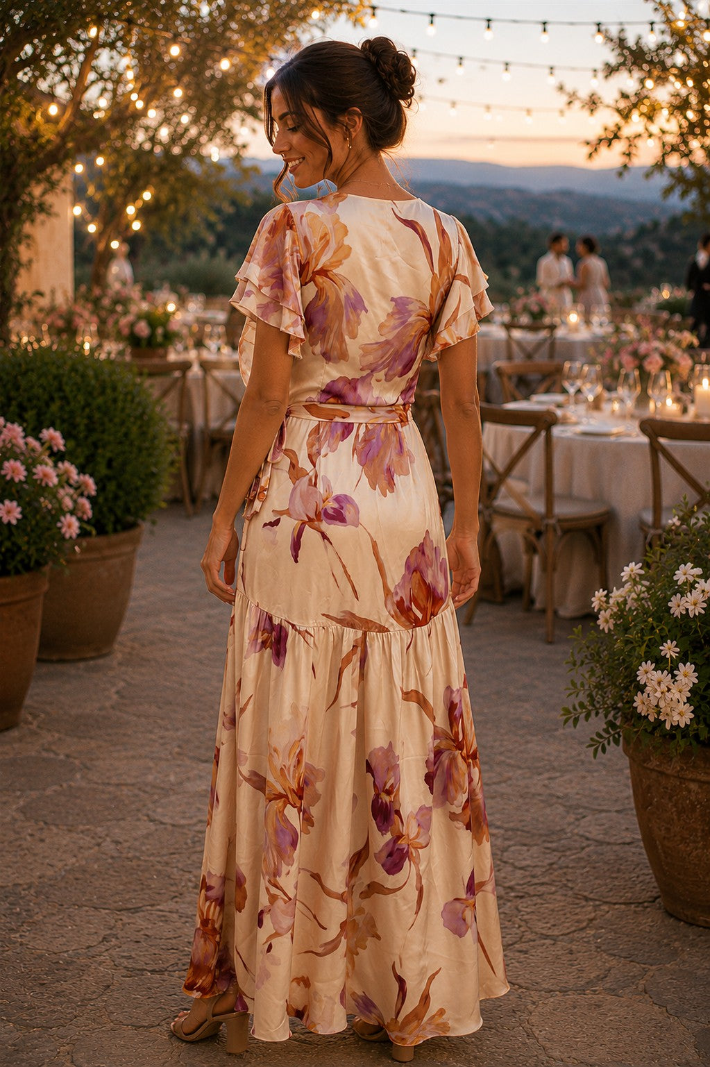Fate Floral Print Satin Ruffled Asymmetrical Tiered Seam Maxi Wrap Dress – Champagne Multi