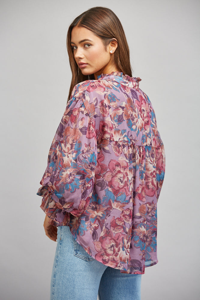 Fate Dusty Mauve Multi Floral Print Ruffle Neck Blouse-shirts-Fate-Deja Nu Boutique, Women's Fashion Boutique in Lampasas, Texas