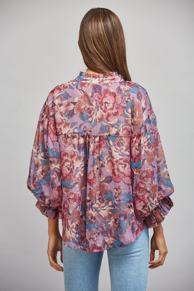 Fate Dusty Mauve Multi Floral Print Ruffle Neck Blouse-shirts-Fate-Deja Nu Boutique, Women's Fashion Boutique in Lampasas, Texas