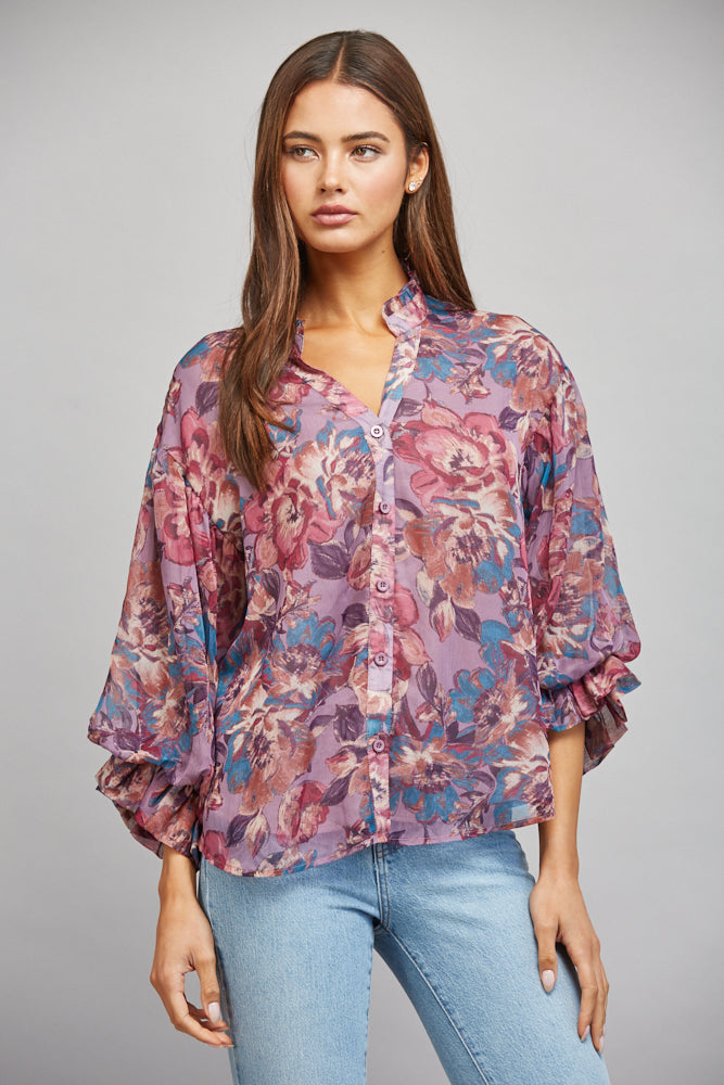 Fate Dusty Mauve Multi Floral Print Ruffle Neck Blouse-shirts-Fate-Deja Nu Boutique, Women's Fashion Boutique in Lampasas, Texas