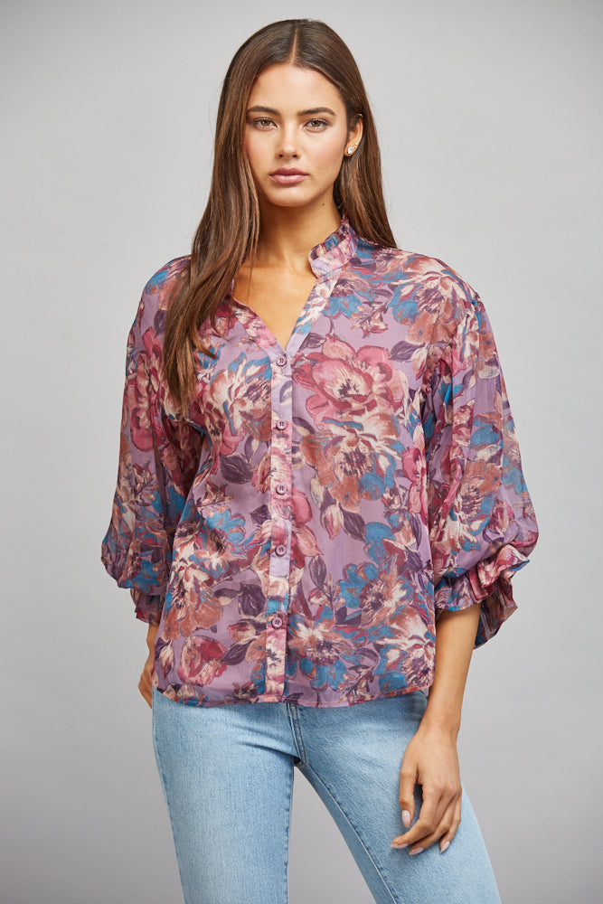Fate Dusty Mauve Multi Floral Print Ruffle Neck Blouse-shirts-Fate-Deja Nu Boutique, Women's Fashion Boutique in Lampasas, Texas