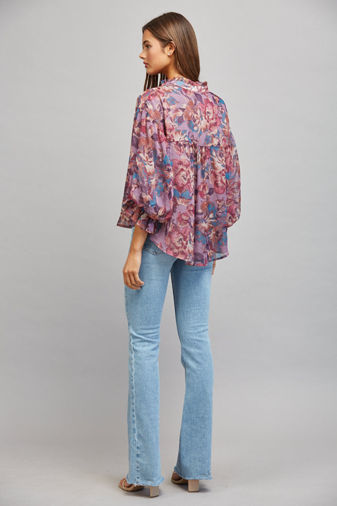 Fate Dusty Mauve Multi Floral Print Ruffle Neck Blouse-shirts-Fate-Deja Nu Boutique, Women's Fashion Boutique in Lampasas, Texas