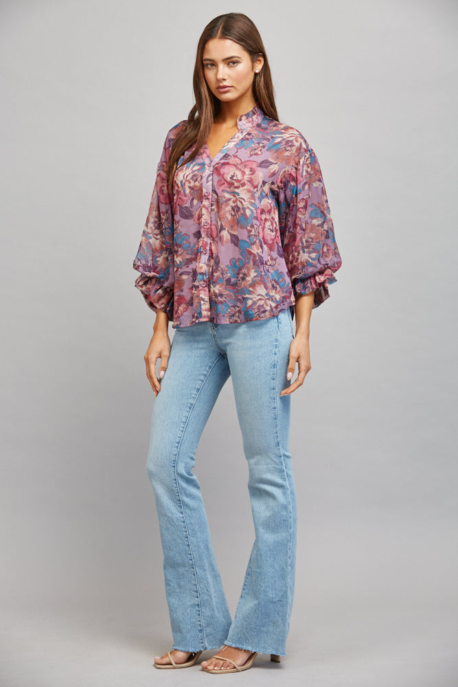 Fate Dusty Mauve Multi Floral Print Ruffle Neck Blouse-shirts-Fate-Deja Nu Boutique, Women's Fashion Boutique in Lampasas, Texas