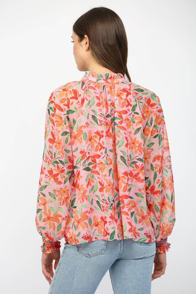 Fate Floral Print Chiffon Ruffled Collar Tie Neck Blouse Pink Multi-Tops-Fate-Deja Nu Boutique, Women's Fashion Boutique in Lampasas, Texas