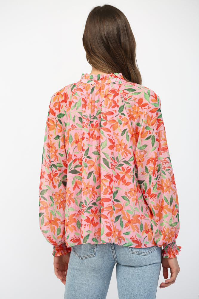 Fate Floral Print Chiffon Ruffled Collar Tie Neck Blouse Pink Multi-Tops-Fate-Deja Nu Boutique, Women's Fashion Boutique in Lampasas, Texas